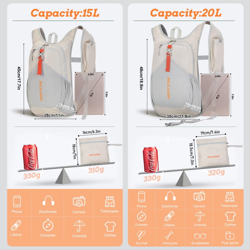 BECOJADDE 15L Small Hiking Backpack for Men Women Foldable Packable Back Pack Ultralight Hiking Daypack for Travel Camping Outdoor  Beige - Image 4